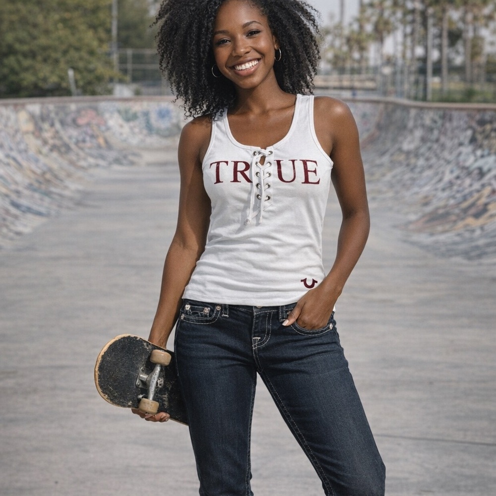 True Religion TRUE Lace-Up Ribbed Graphic Tank Top Size Medium
